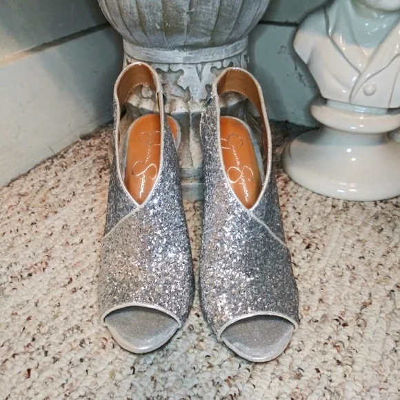 Jessica Simpson Jourie Sparkly Silver Glitter, Peep Toed Stiletto Heeled Shootie - Picture 3 of 12